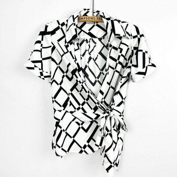 Cleo Petites XS Wrap Front Tie Short Sleeve Collared Blouse - Black & White - Picture 1 of 5